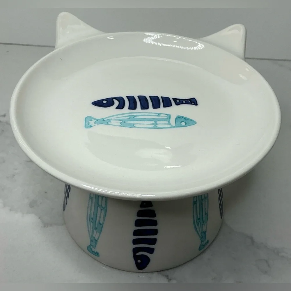 Signature Elevated Bowl Cat Food Blue & Aqua Ceramic Fish Design New